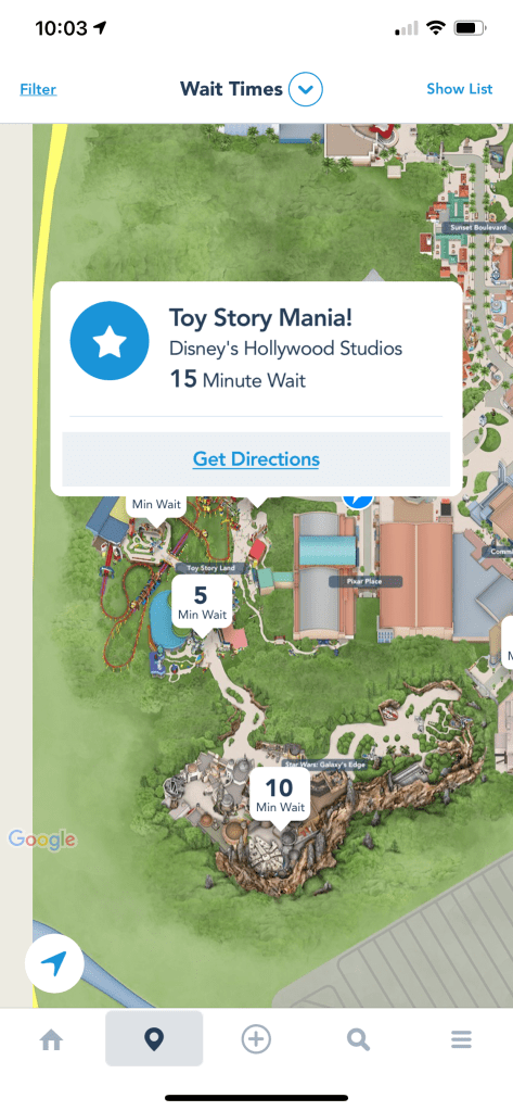 Checking out wait times in the MyDisneyExperience app
